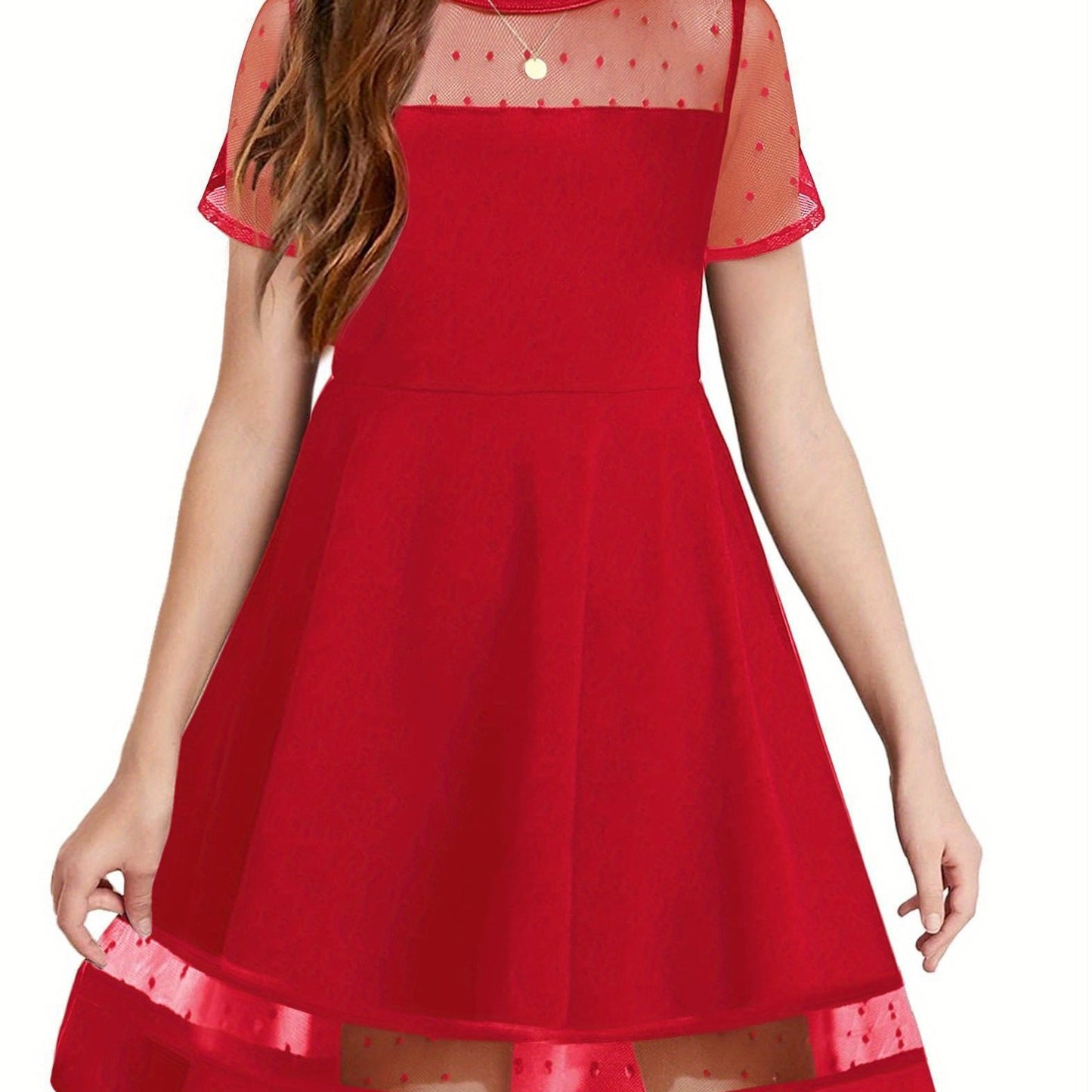 Tween Girls Contrast Mesh Short Sleeve A Line Party Dresses with Pockets for 5-12 Years