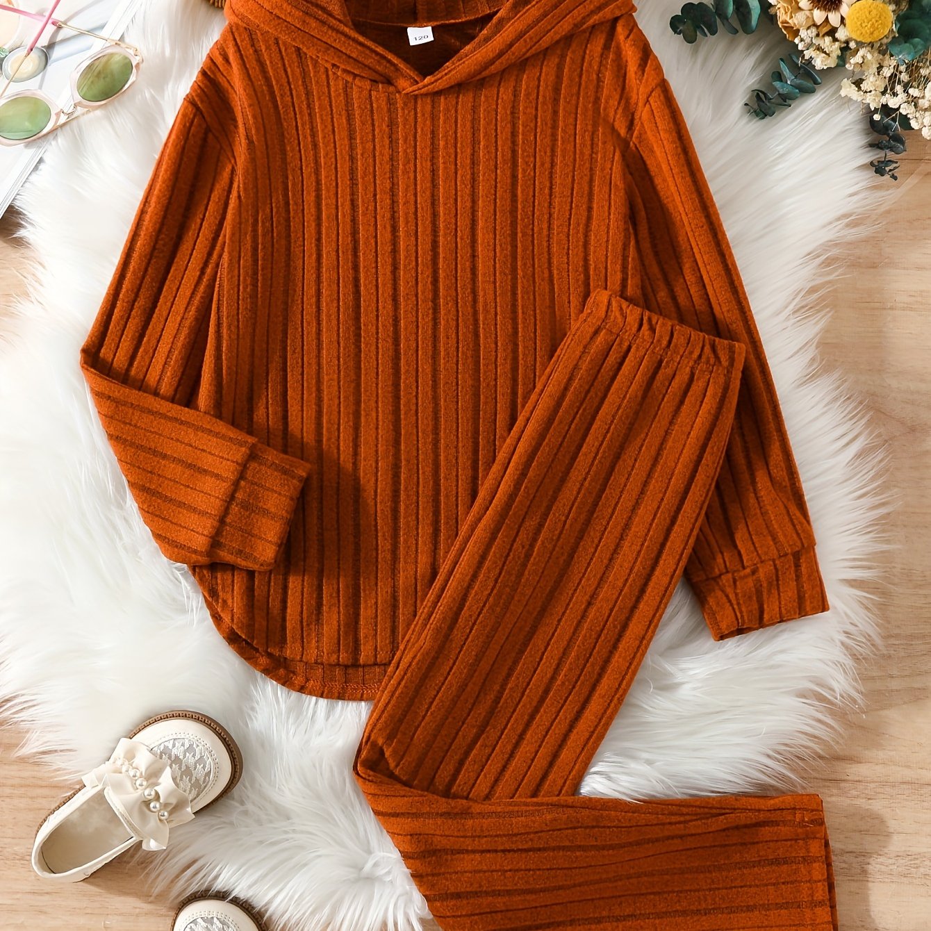 2 Piece Cute Girls Spring and Autumn Texture Hoodie Brushed Warm Pants