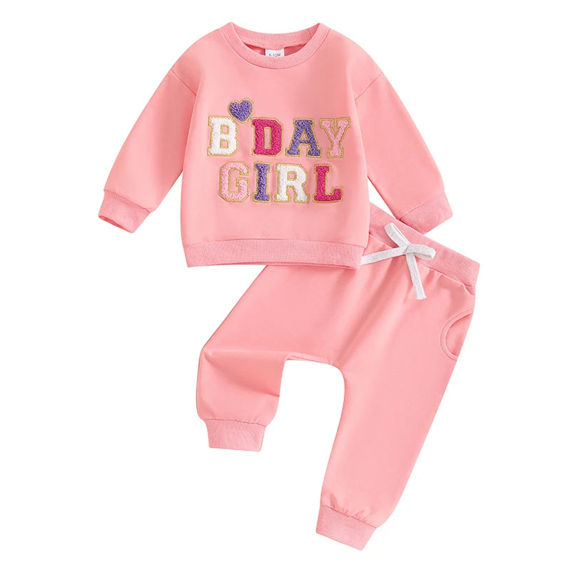Lioraitiin Baby Girl 2 Pieces Birthday Outfit Long Sleeve Letter Embroidery Pullover and Pants Set Toddler Fall Clothes
