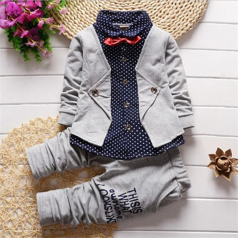Autumn Toddler Boy Polka Dot V-Neck Bow Tie Shirt Suit
