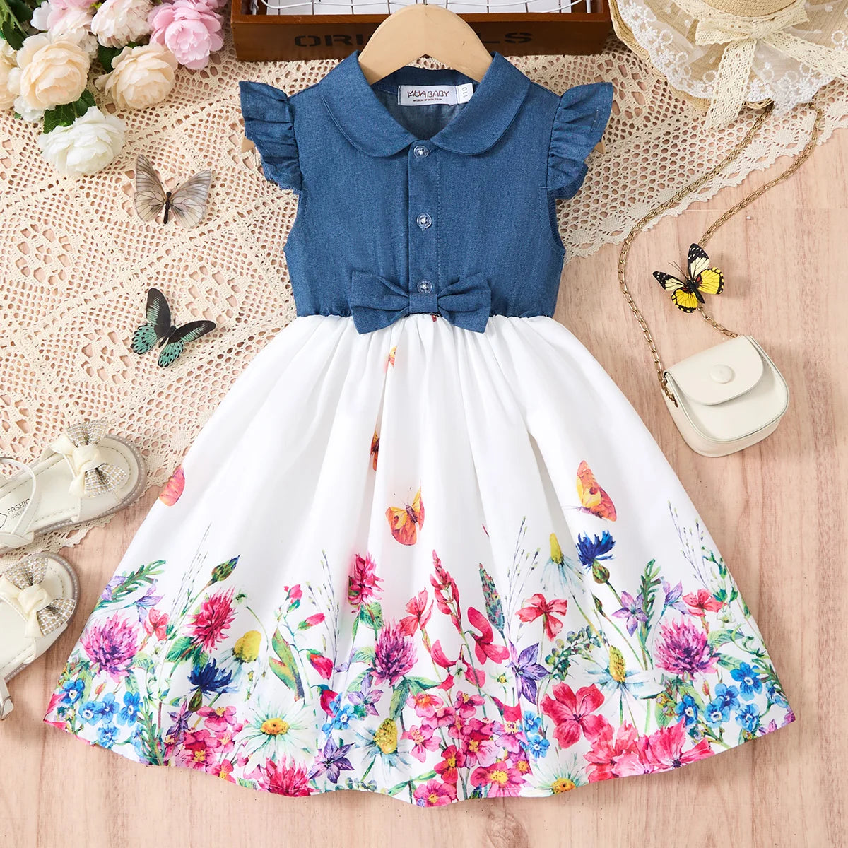 Children's Summer Casual Daily Dress Patchwork Cowboy Butterfly Floral Design Fashion Girls Dress