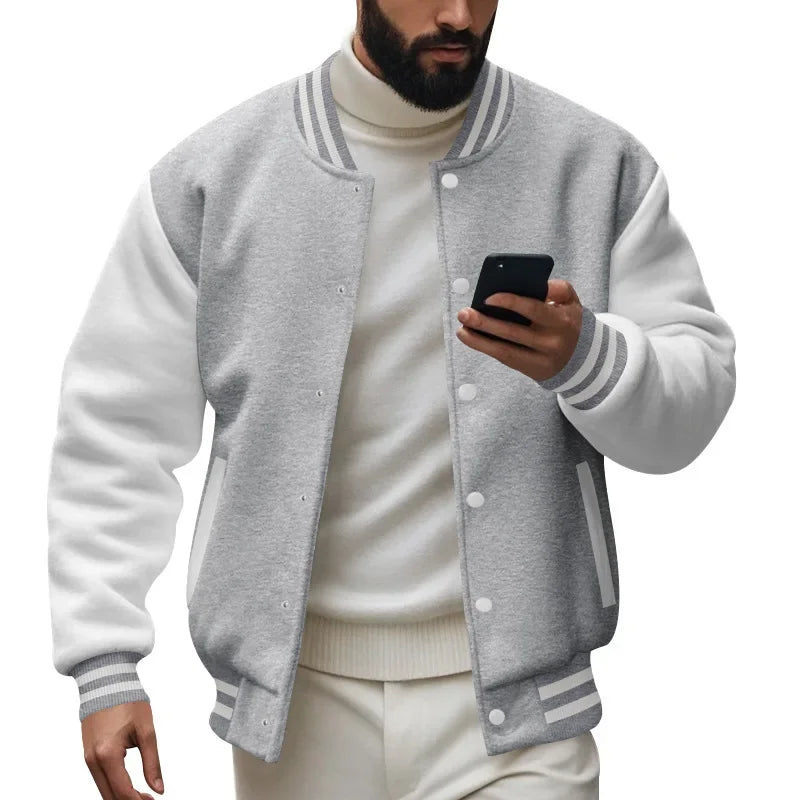 Men's Autumn and Winter Casual Velvet Flight Jacket Varsity Baseball Jersey Loose Stand-up Coat