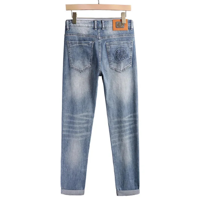 2024 Men's Fashionable Simple Stretch Slim Fit Denim Trousers European Style High Quality Casual Pants
