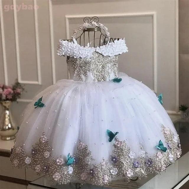 Luxury Baby Girl Birthday Dress with Lace and Pearls Infant Applique Princess Flower Girl Long Christmas Prom Ball Gown