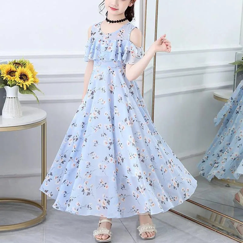 Girls Sweet Flower Princess Dress Summer Puff Sleeve Floral Casual Dress Korean Fashion Children's Clothing
