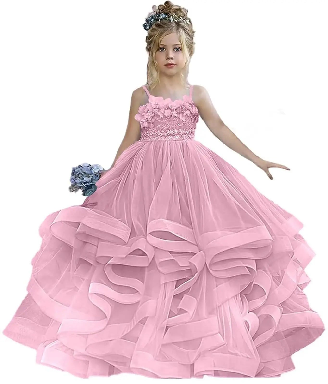 Formal Lace Appliques Shiny Princess Flower Girl Dress Floor Length Pleat Spaghetti Strap Luxury Full Ball Gown