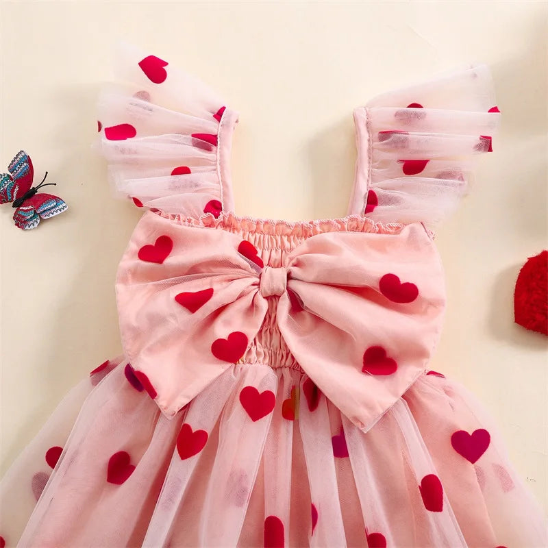 Lioraitiin 6M-4Y Summer Toddler Girls Tulle Dress with Heart 3D Bow and Flutter Sleeves A-Line Spring Valentine's Day Dress