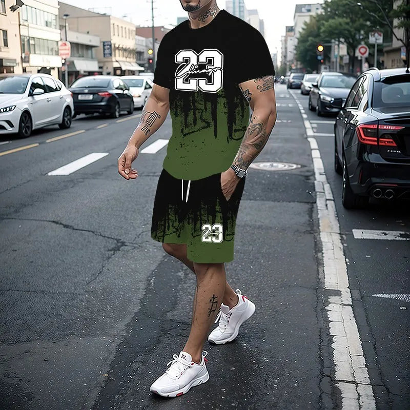 Men's Summer Fashion 3D Printed T-Shirt and Shorts Set Casual Two-Piece Outfit