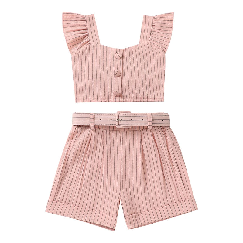 Lioraitiin Toddler Girl Summer Outfits Stripe Print Flutter Sleeve Tank Tops and Belted Shorts 2 Piece Set