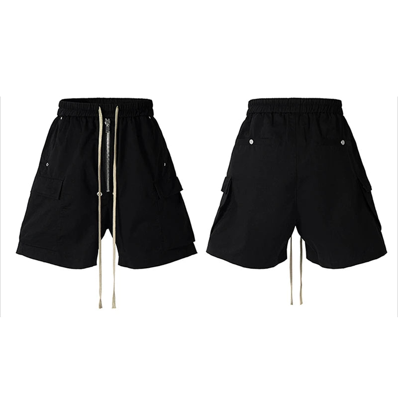 PFNW 2025 Summer High Street Trendy Workwear Shorts Loose Zipper Drawstring Elastic Waist Black Knee Length Pants 28W6518
