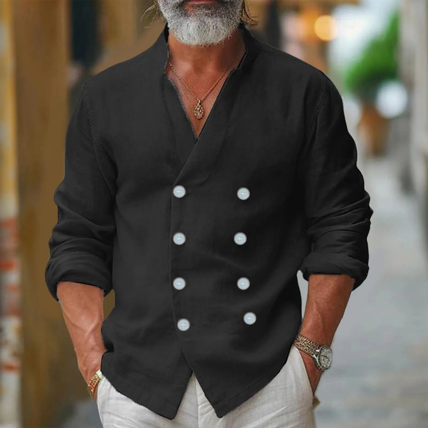 Men's Double Breasted Stand Up Solid Color Long Sleeve Shirt with Pocket Regular Fit Button Down Work Shirt