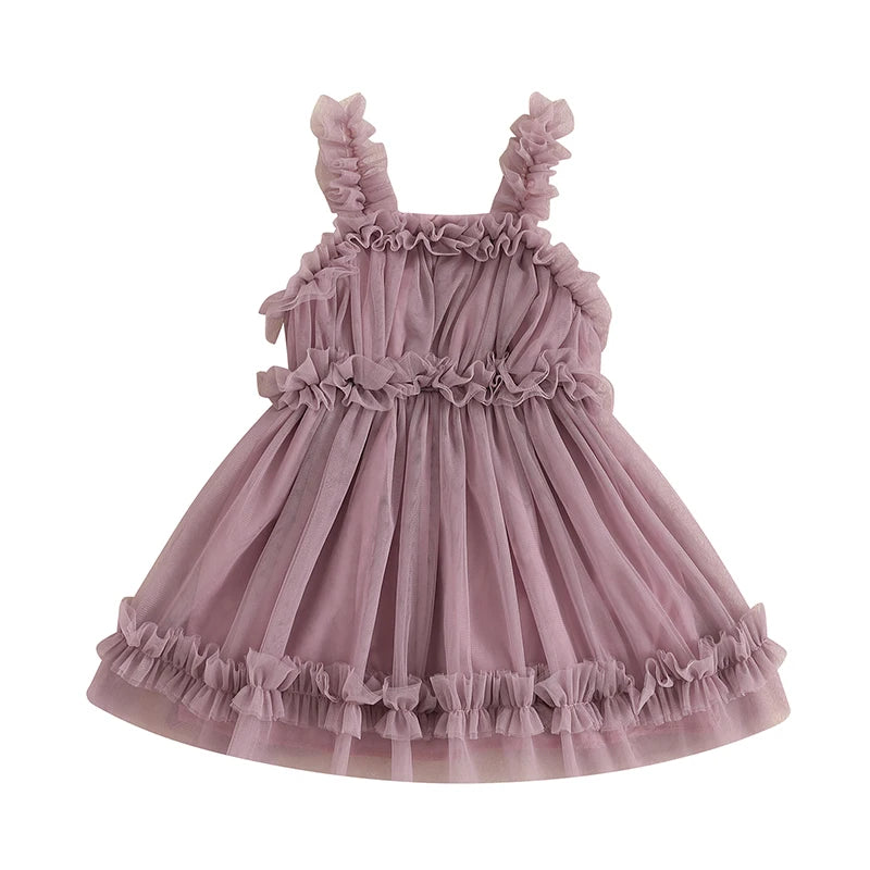 Lioraitiin Toddler Girl Summer Tulle Dress Solid Color Sleeveless Casual Mesh Ruffled A Line Dress for Ages 1 to 3 Years