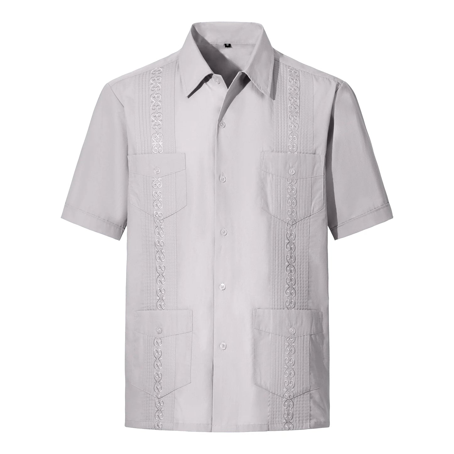 2025 Men's Cuban Guayabera Shirts Solid Long Sleeve Button Up Embroidery Dress Shirts Traditional Casual Four Pockets Tops