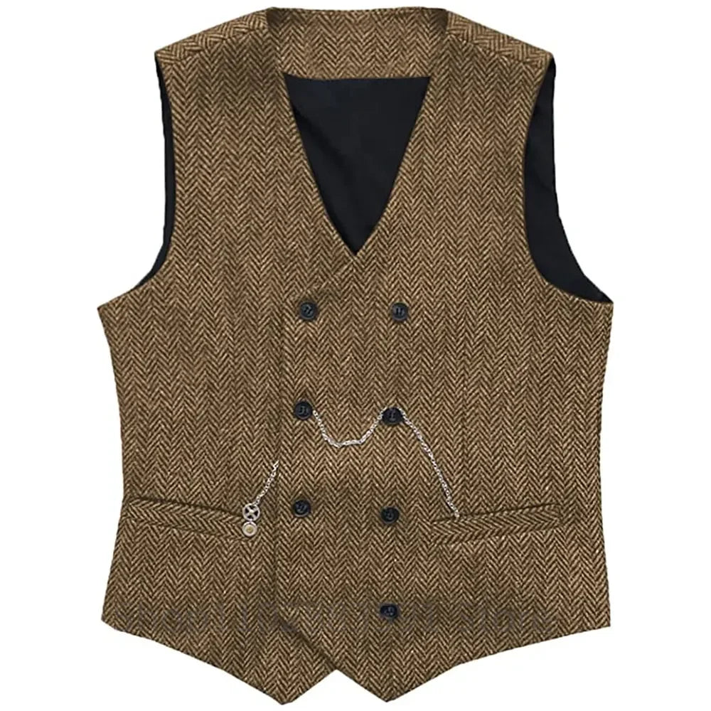 V Neck Men's Suit Vests Herringbone Wool Tweed Double Breasted Waistcoat Tuxedo Groomsmen Wedding Groom One Piece Vest