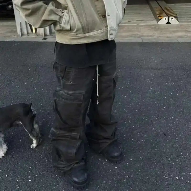 PFNW High Street Drawstring Zipper Sliced Wide Leg Cargo Pants Men Casual Loose Straight Trousers Denim 28W5963