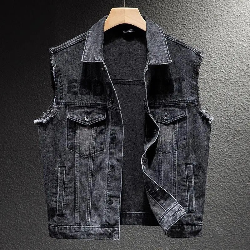 2024 New Men's Denim Jacket Motorcycle Vest Retro Fashion Casual Versatile Riding Clothes