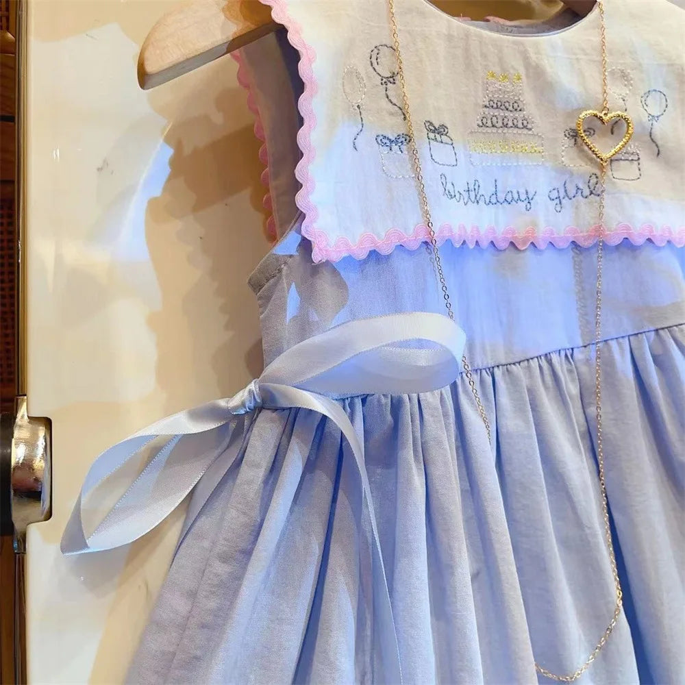 Girls Casual Dresses New Summer Blue Baby Doll Collar Dress