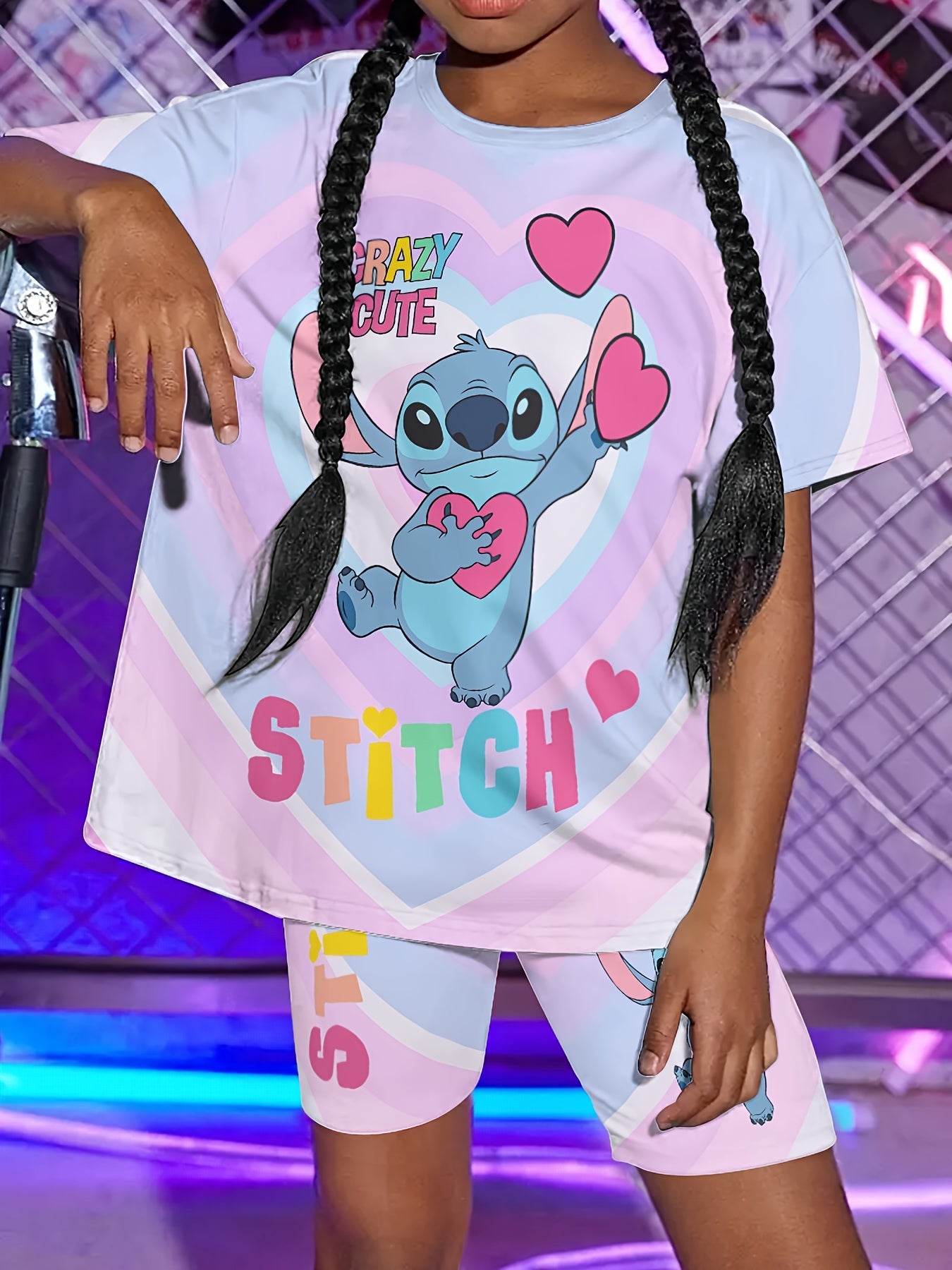 Stitch Girls Summer Suit Pink Cute Print Round Neck T Shirt and Shorts Set 2pcs Machine Washable Outdoor Sports Leisure