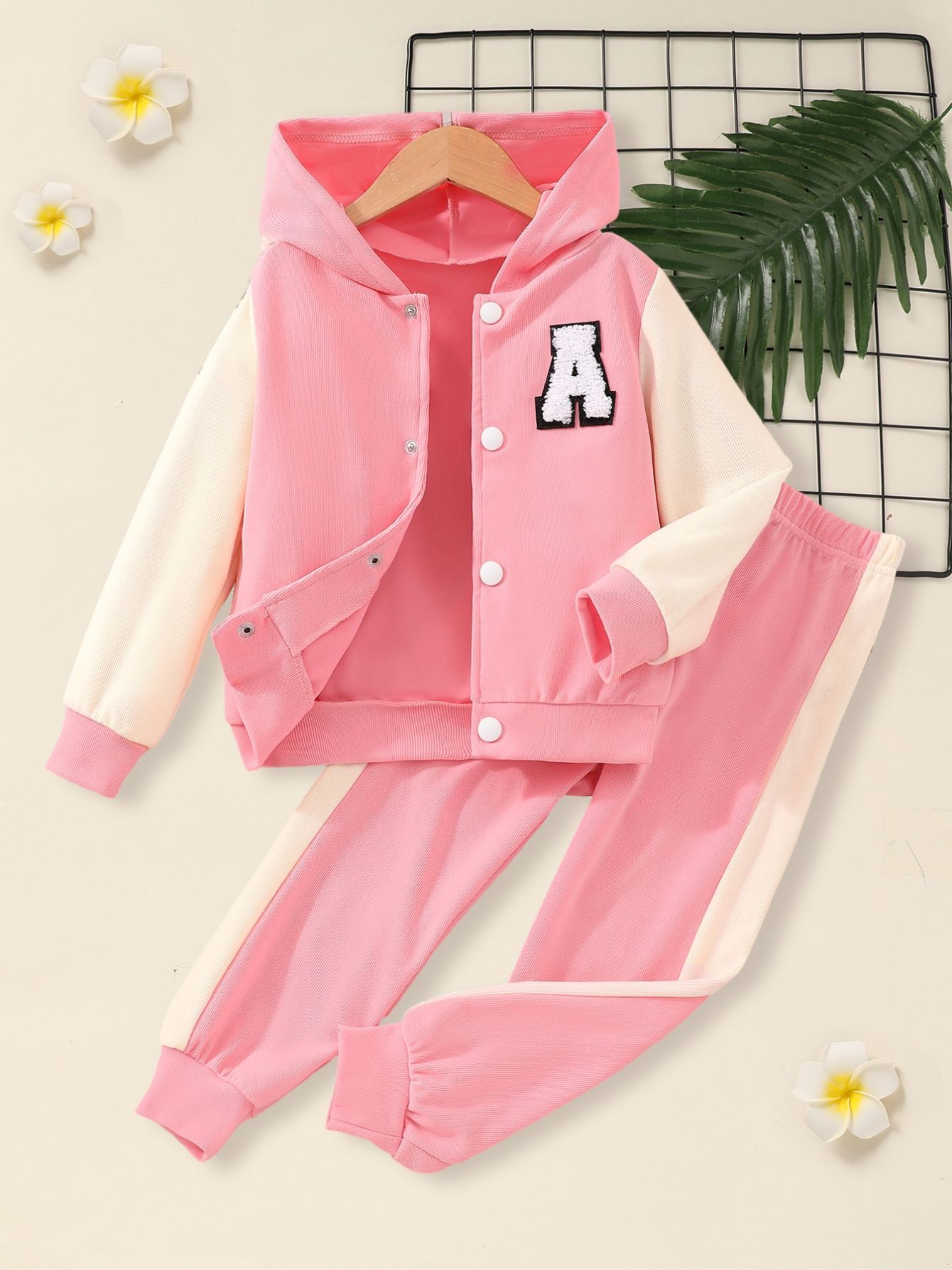 Girl's 2pcs Outfit: Purple & White Hooded Varsity Jacket with Letter "A" Patch & Corduroy Sweatpants