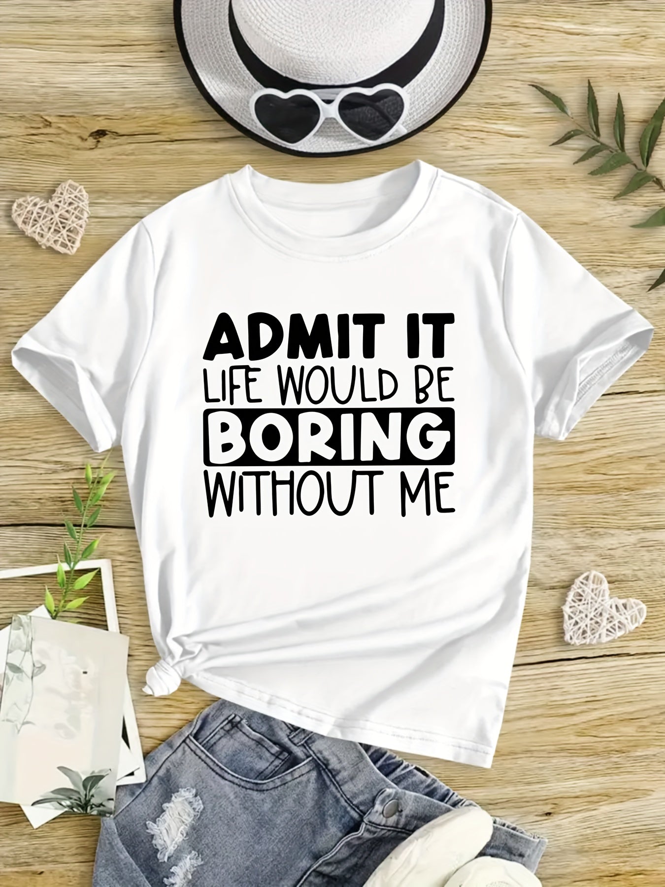 "Boring Without Me" Girls' Short Sleeve T-shirt Casual Wear