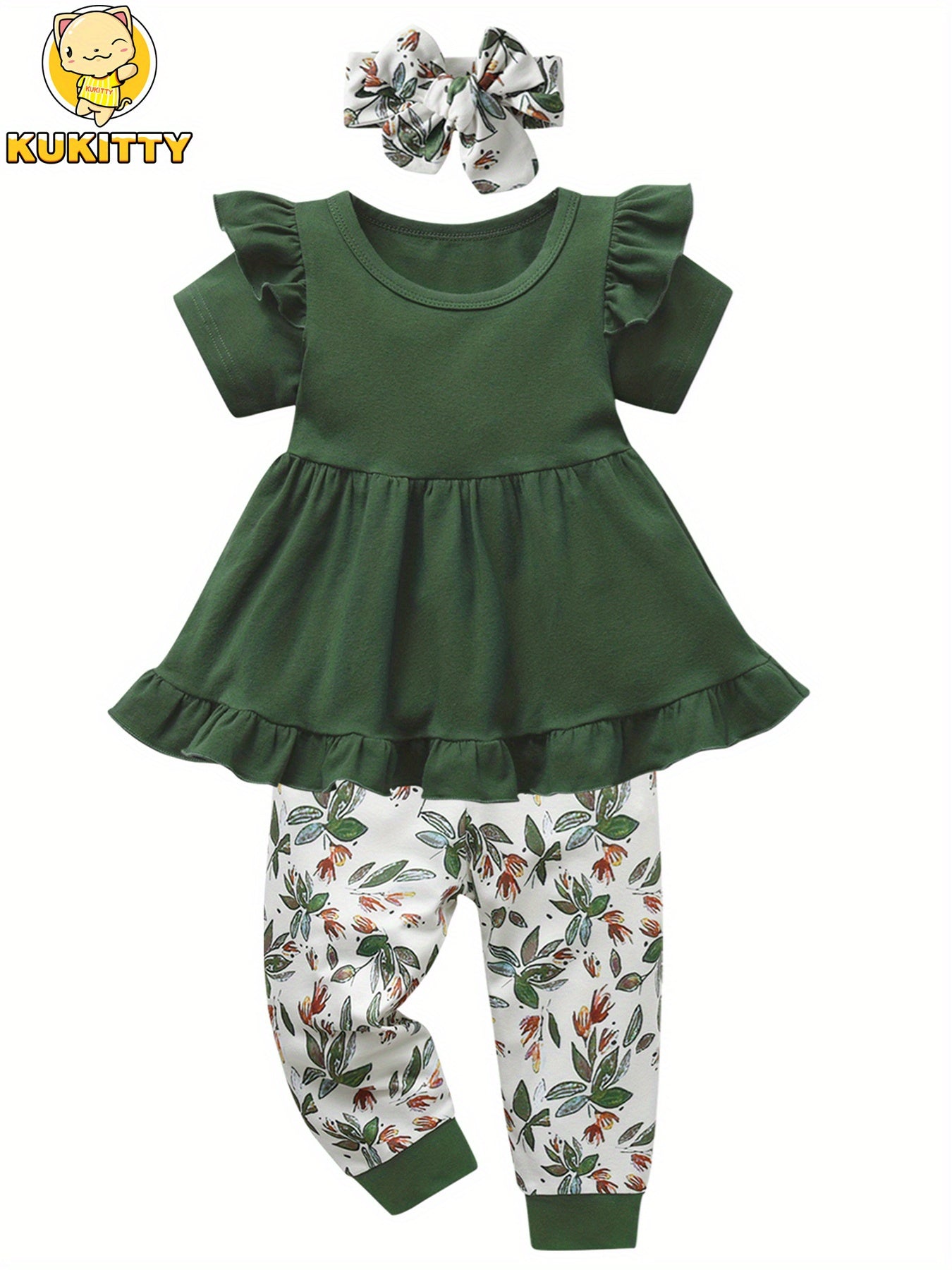 Kukitty 3pcs Toddler Girl Cute Clothes Set with Bow Headband