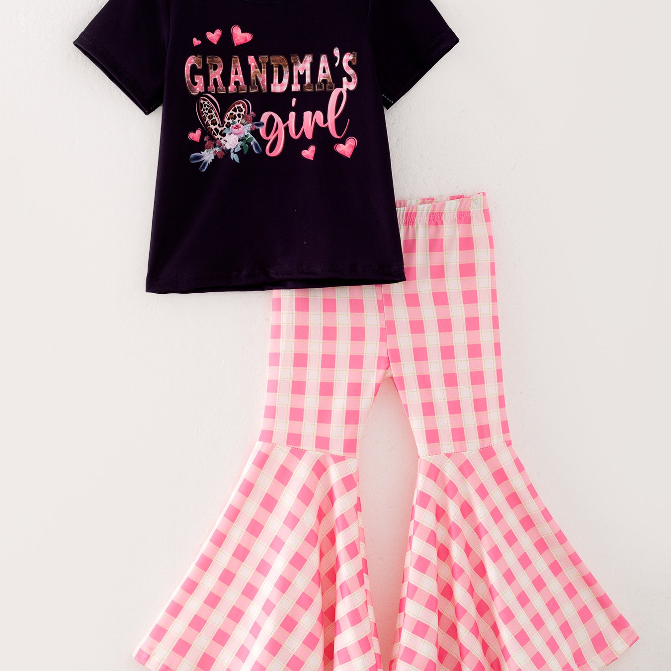 Girls Letter Butterfly Plaid Print Short Sleeve Pants Suit Set