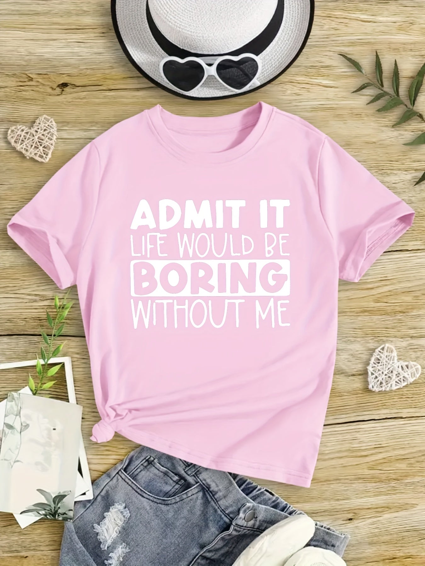 "Boring Without Me" Girls' Short Sleeve T-shirt Casual Wear