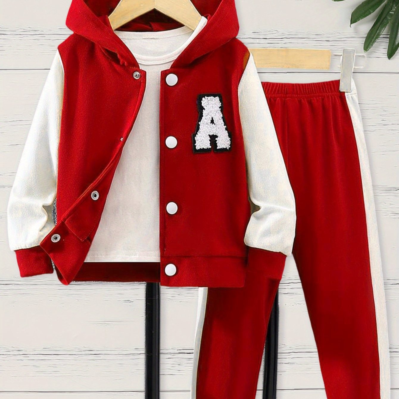 Girl's 2pcs Outfit: Purple & White Hooded Varsity Jacket with Letter "A" Patch & Corduroy Sweatpants