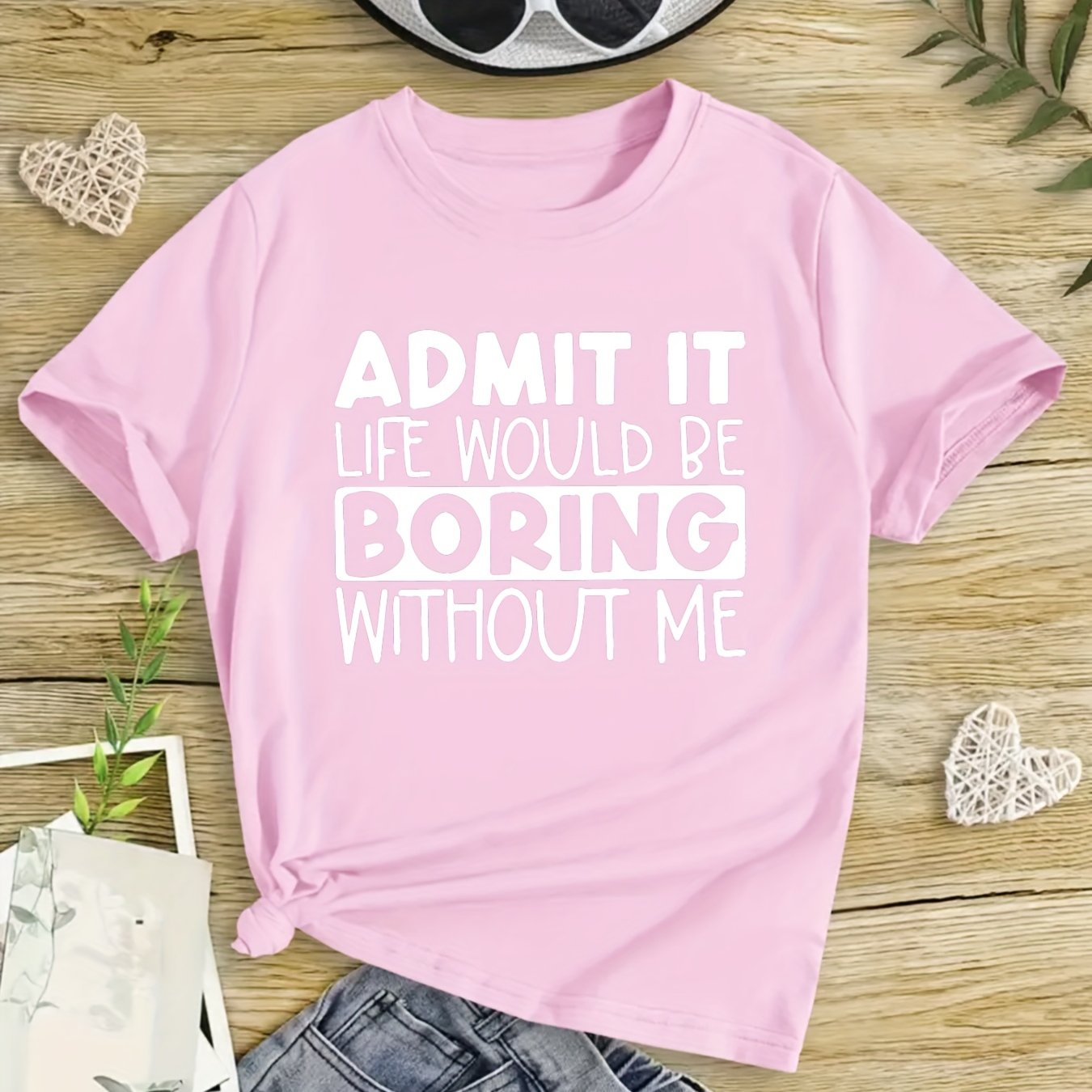 "Boring Without Me" Girls' Short Sleeve T-shirt Casual Wear