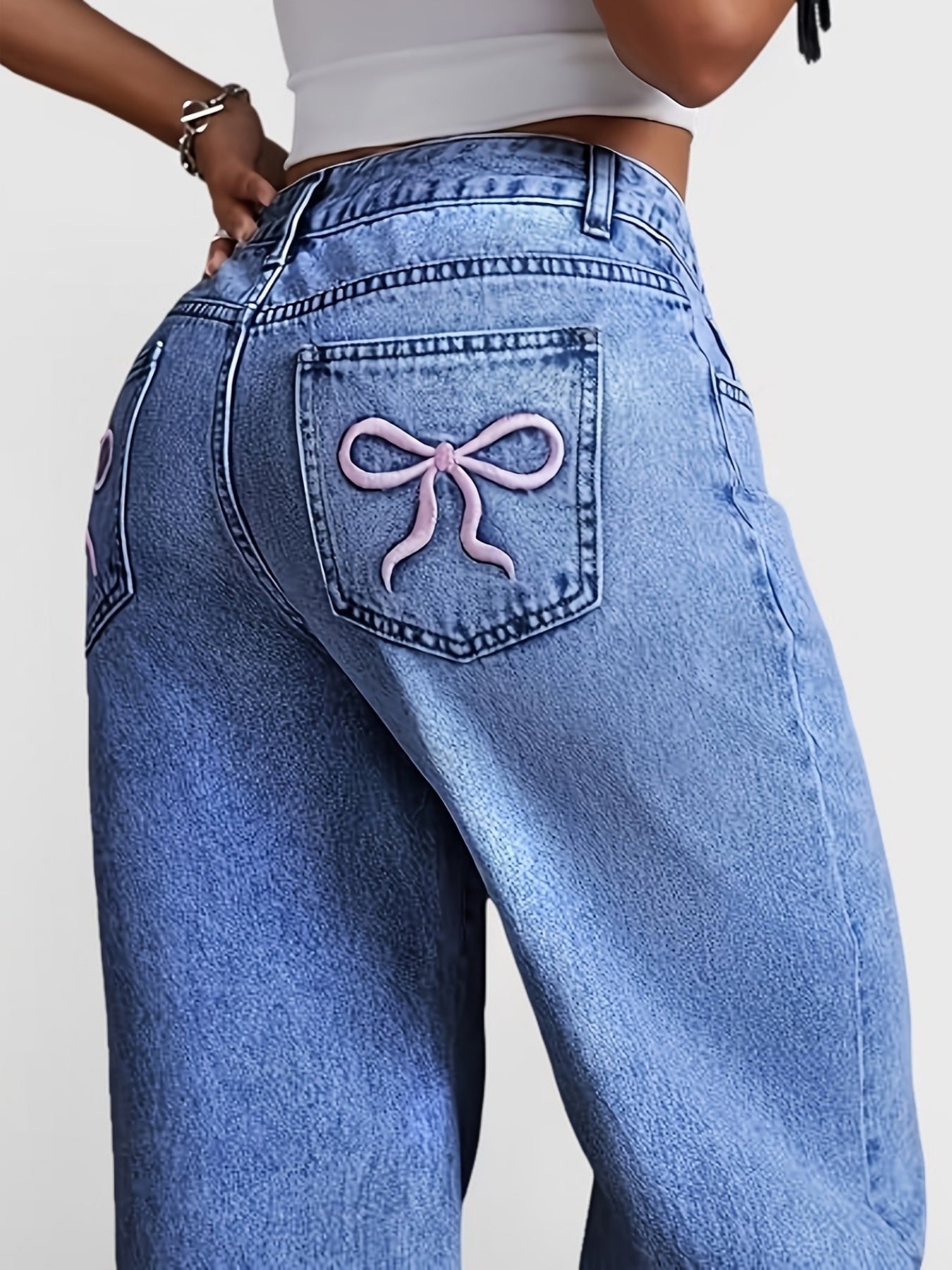 Womens Embroidered Bow Washed Jeans Straight Jeans For Women High Waist Loose Wide Leg Pants Casual Outing Trousers