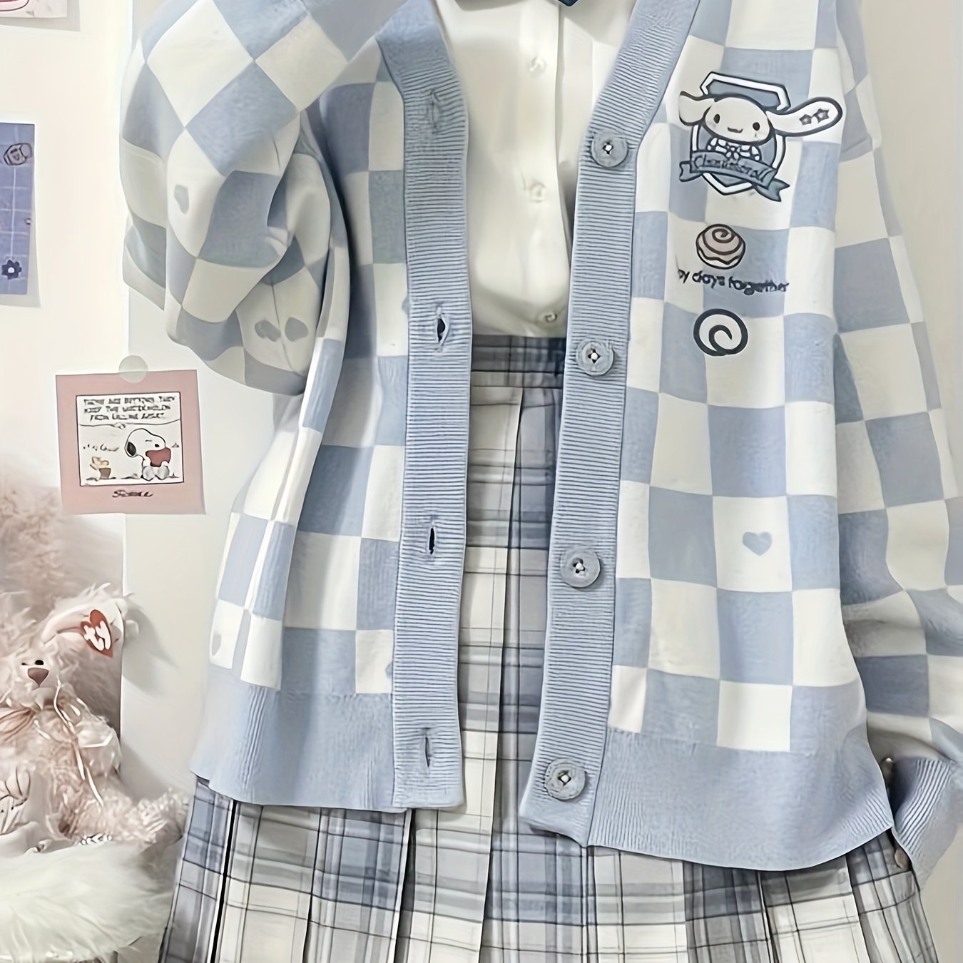 Cute Sanrio Cinnamoroll Light Blue Plaid Cardigan Sweater