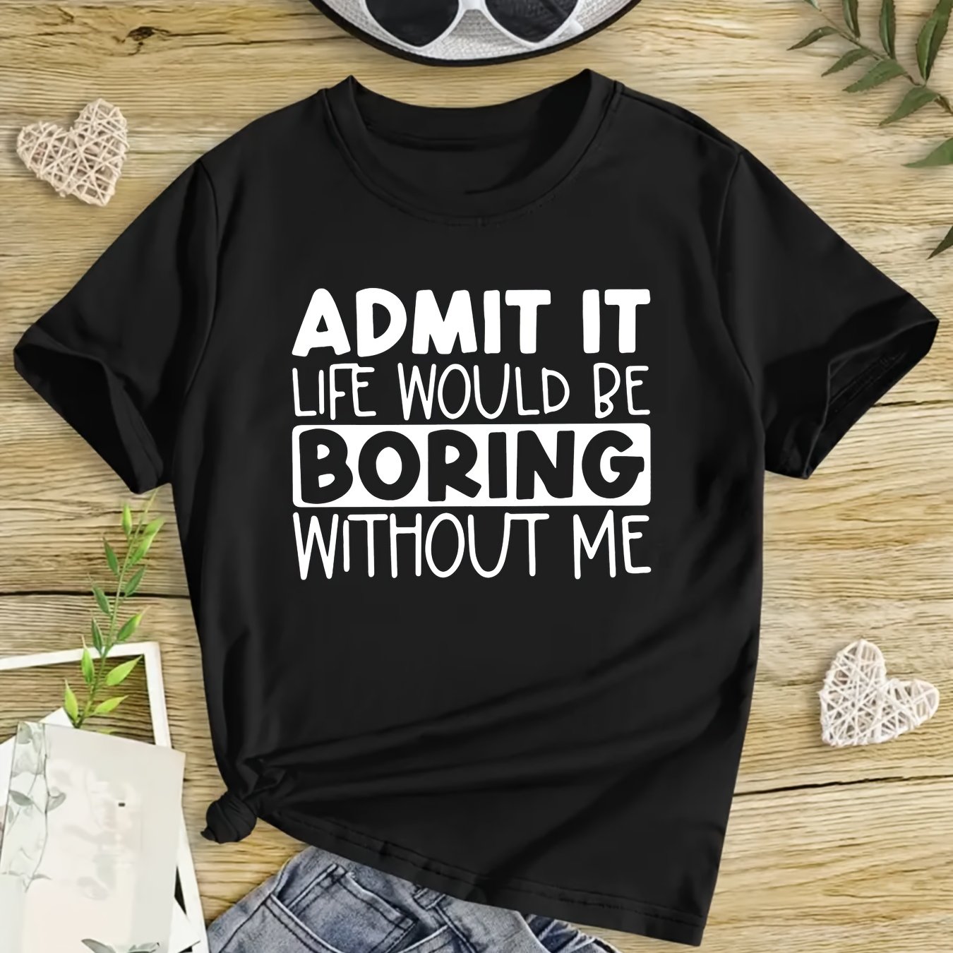 "Boring Without Me" Girls' Short Sleeve T-shirt Casual Wear