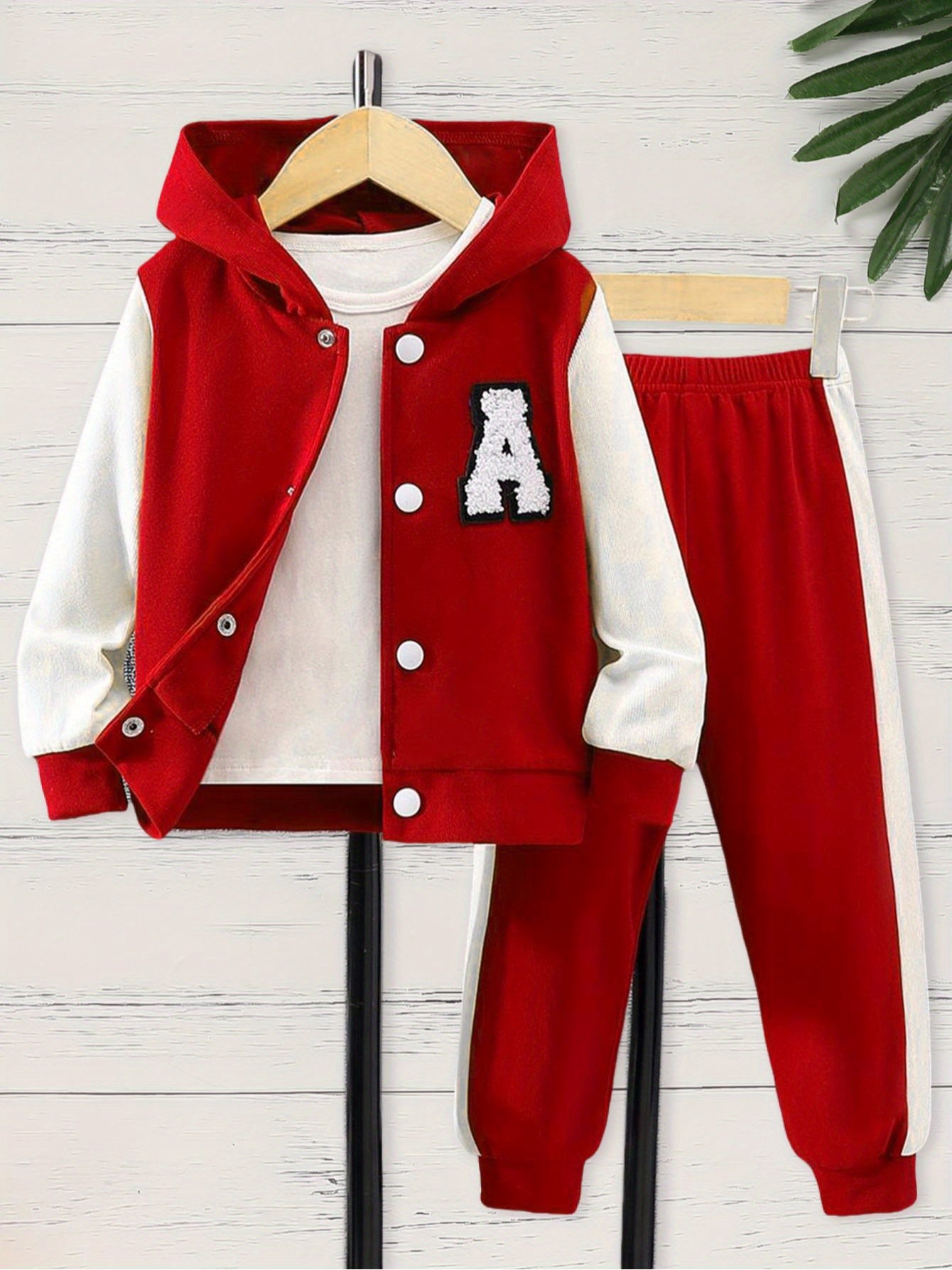 Girl's 2pcs Outfit: Purple & White Hooded Varsity Jacket with Letter "A" Patch & Corduroy Sweatpants