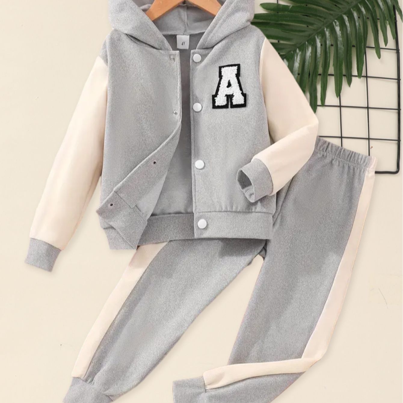 Girl's 2pcs Outfit: Purple & White Hooded Varsity Jacket with Letter "A" Patch & Corduroy Sweatpants