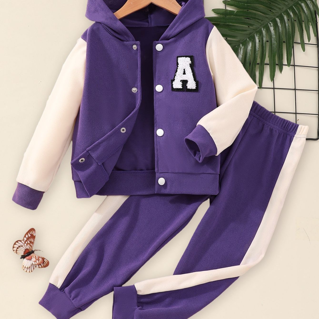 Girl's 2pcs Outfit: Purple & White Hooded Varsity Jacket with Letter "A" Patch & Corduroy Sweatpants