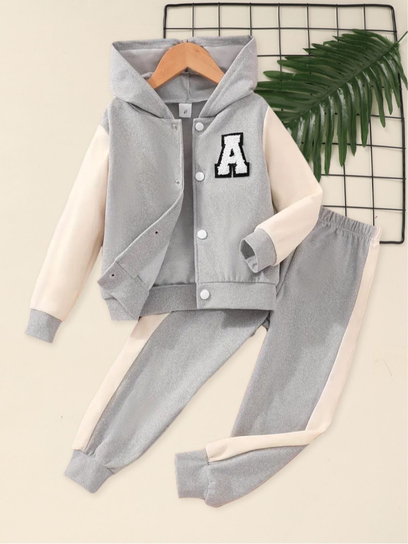 Girl's 2pcs Outfit: Purple & White Hooded Varsity Jacket with Letter "A" Patch & Corduroy Sweatpants