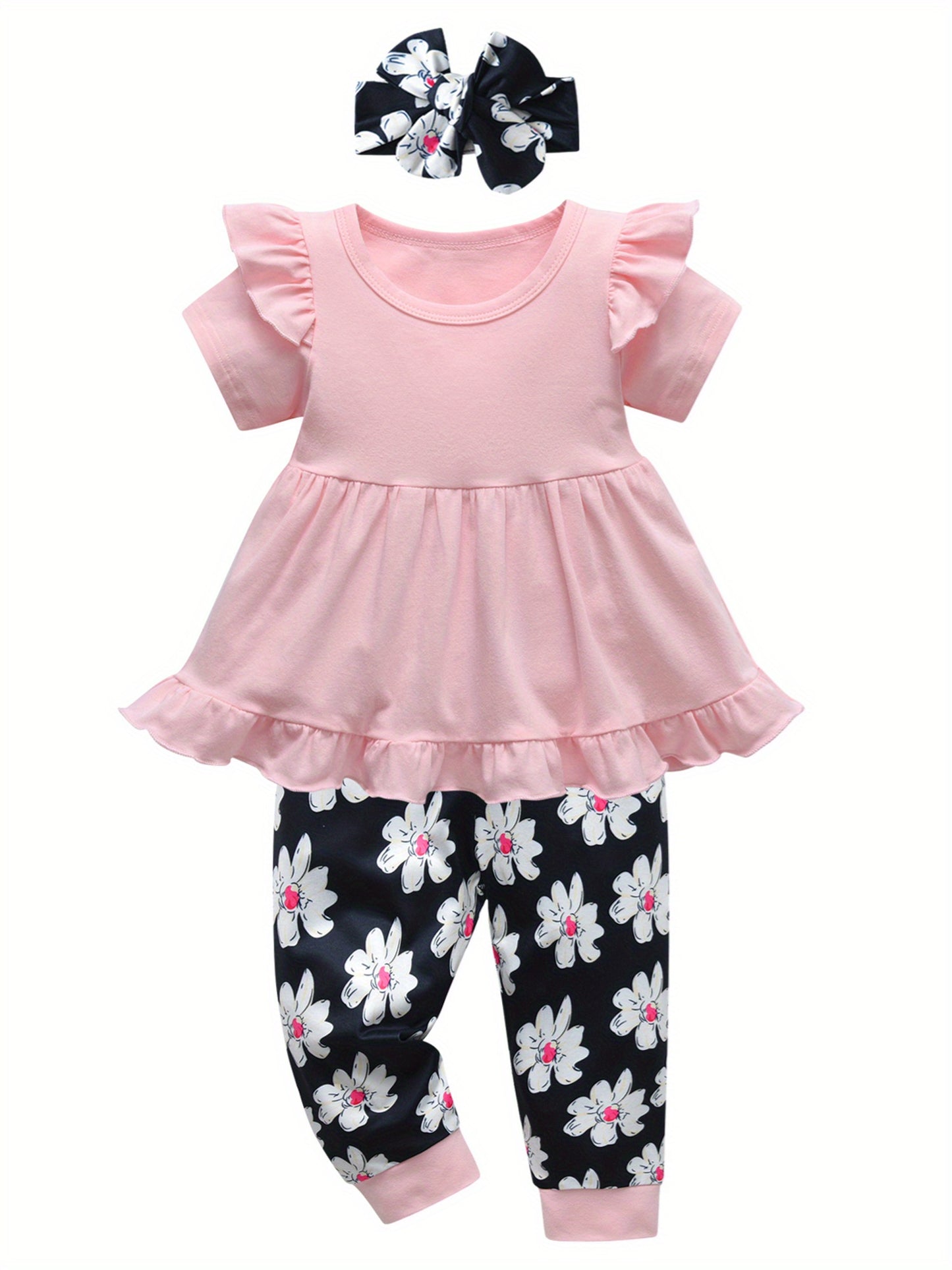 Kukitty 3pcs Toddler Girl Cute Clothes Set with Bow Headband