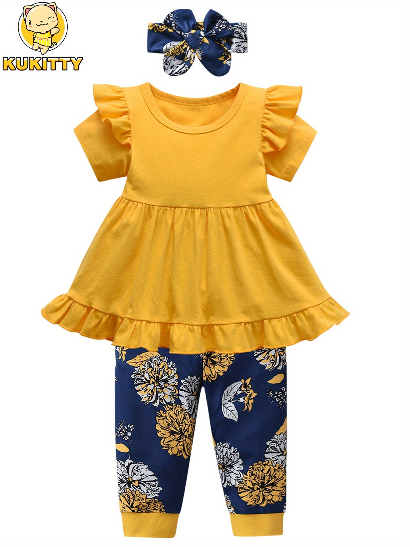 Kukitty 3pcs Toddler Girl Cute Clothes Set with Bow Headband