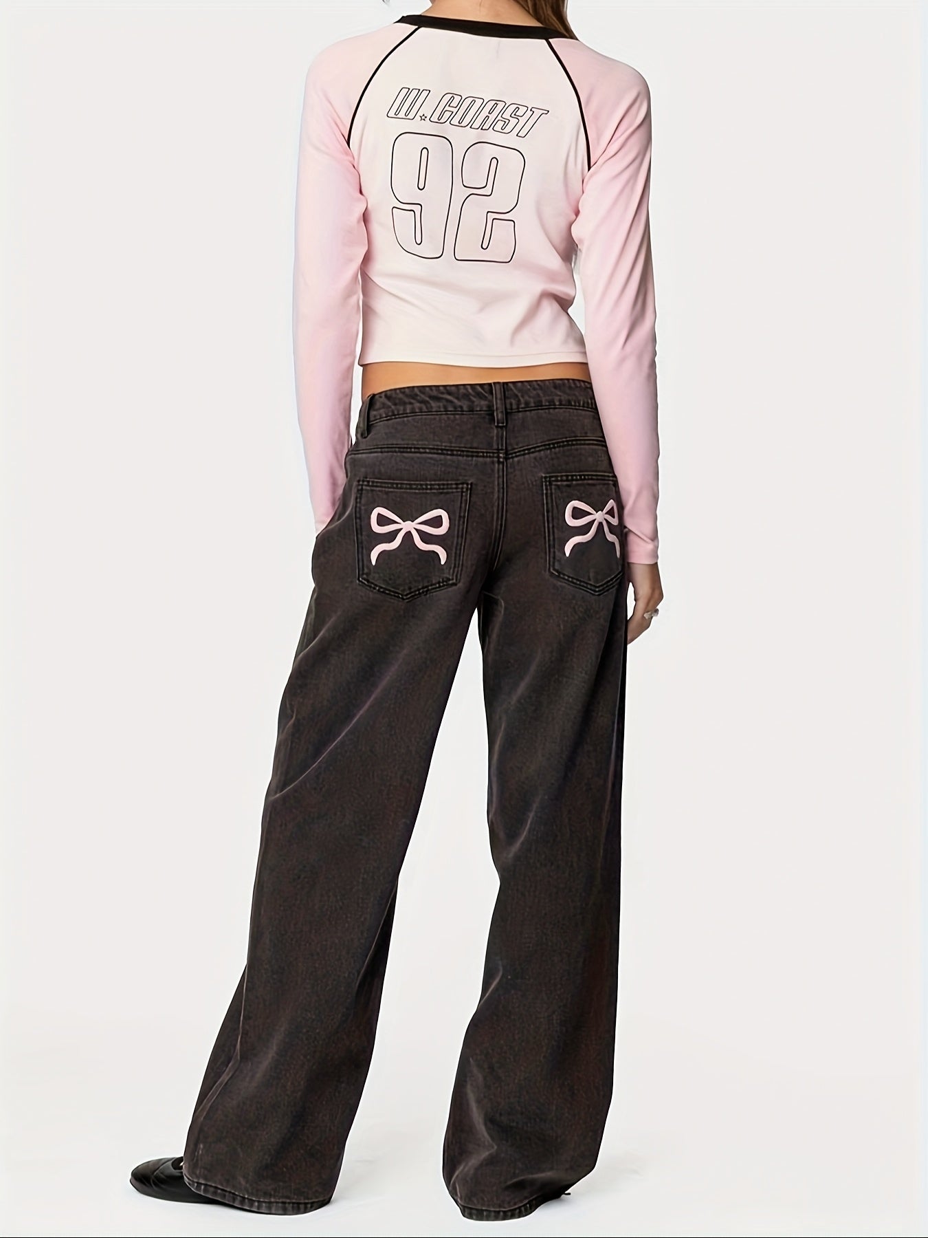 Womens Embroidered Bow Washed Jeans Straight Jeans For Women High Waist Loose Wide Leg Pants Casual Outing Trousers