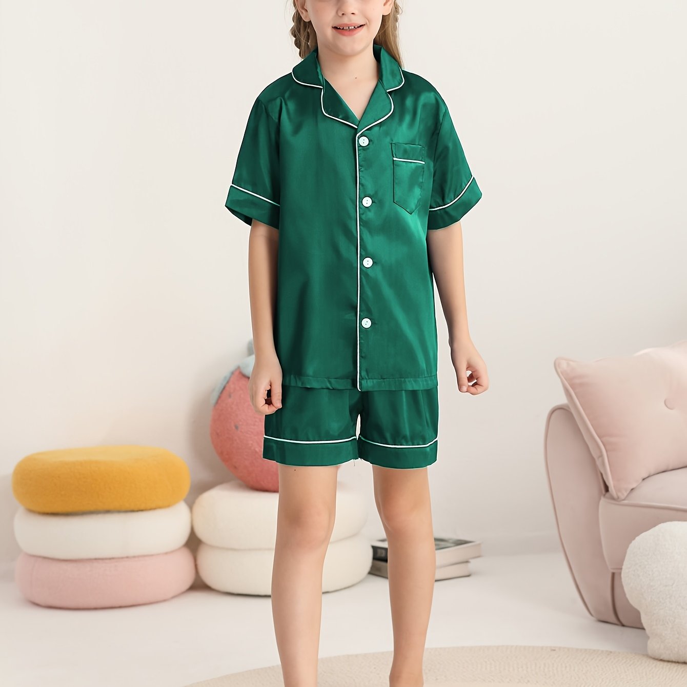 Girls Summer Outfit Solid Color T-Shirt Shorts Set 2pcs Clothes Set 4-14Y