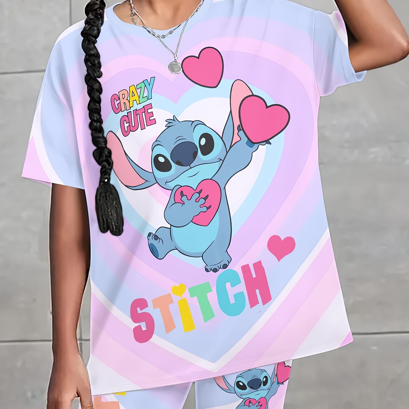 Stitch Girls Summer Suit Pink Cute Print Round Neck T Shirt and Shorts Set 2pcs Machine Washable Outdoor Sports Leisure