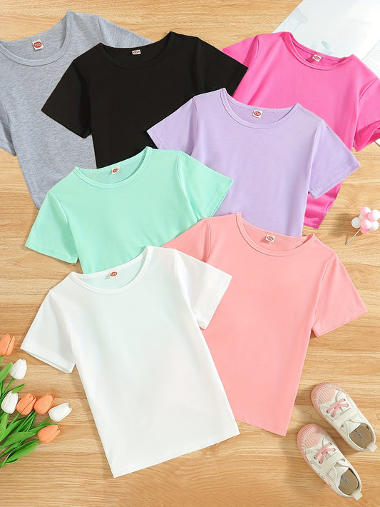 7-Piece Set of Girls' Solid Short-Sleeved T-Shirts