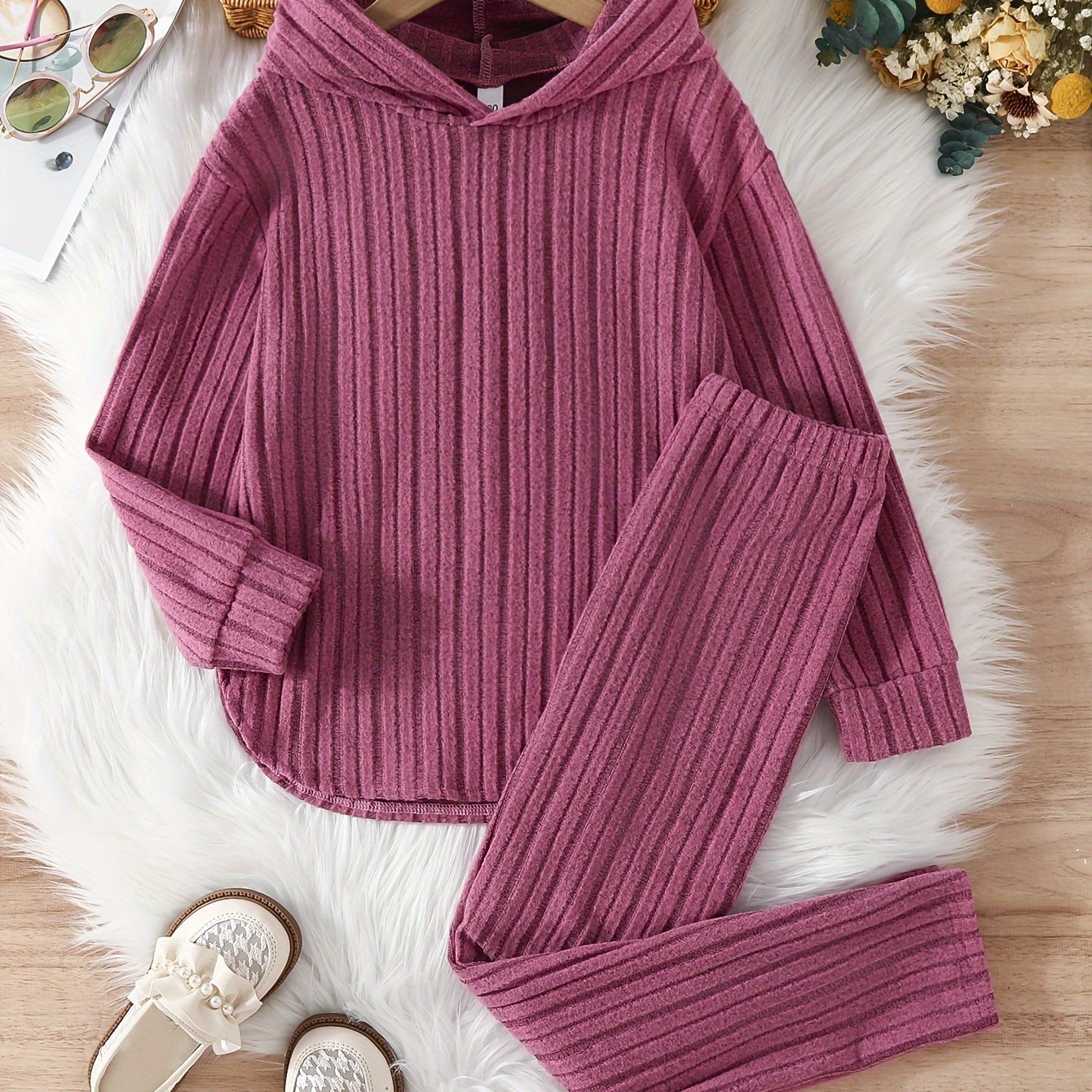 2 Piece Cute Girls Spring and Autumn Texture Hoodie Brushed Warm Pants