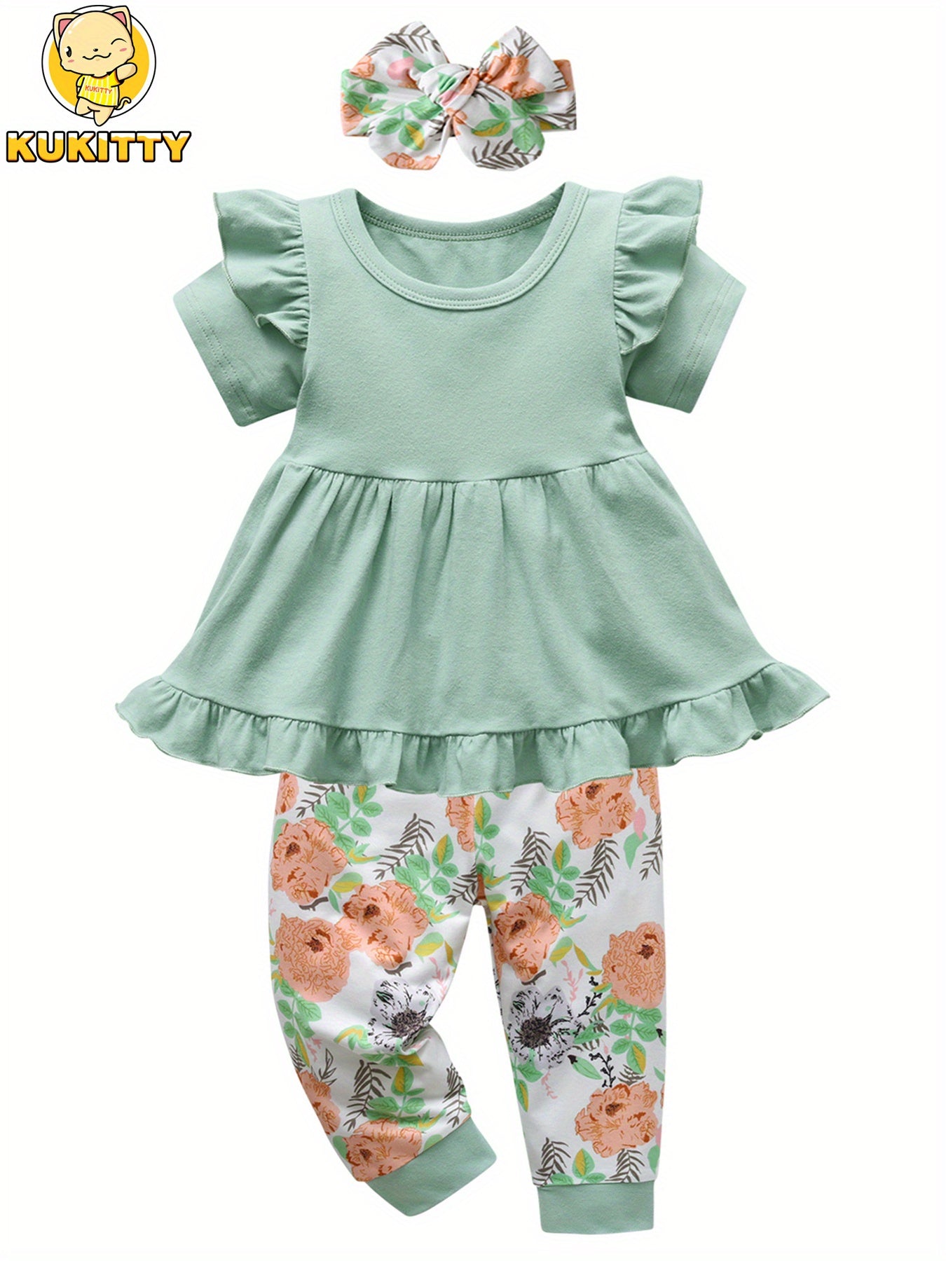 Kukitty 3pcs Toddler Girl Cute Clothes Set with Bow Headband