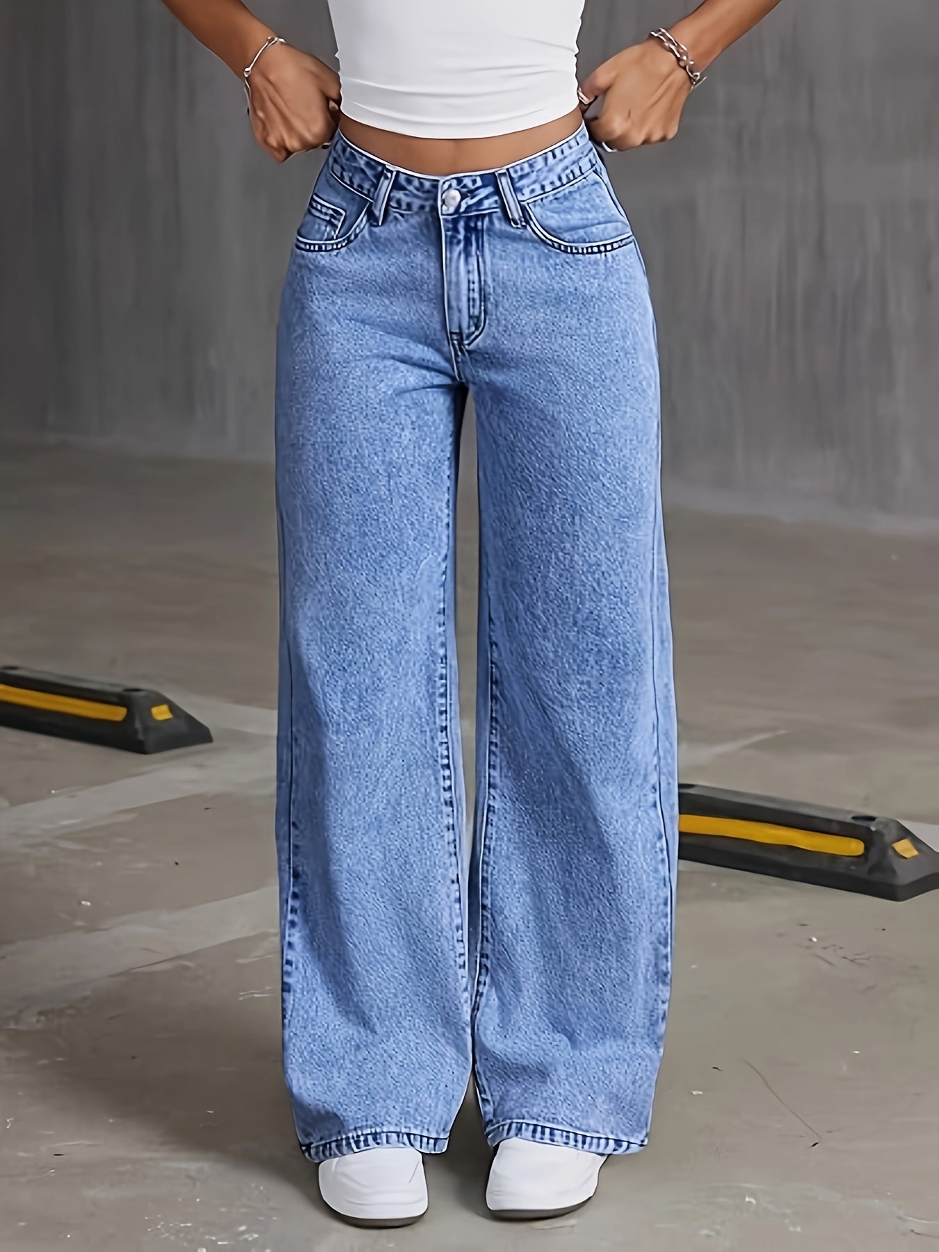 Womens Embroidered Bow Washed Jeans Straight Jeans For Women High Waist Loose Wide Leg Pants Casual Outing Trousers