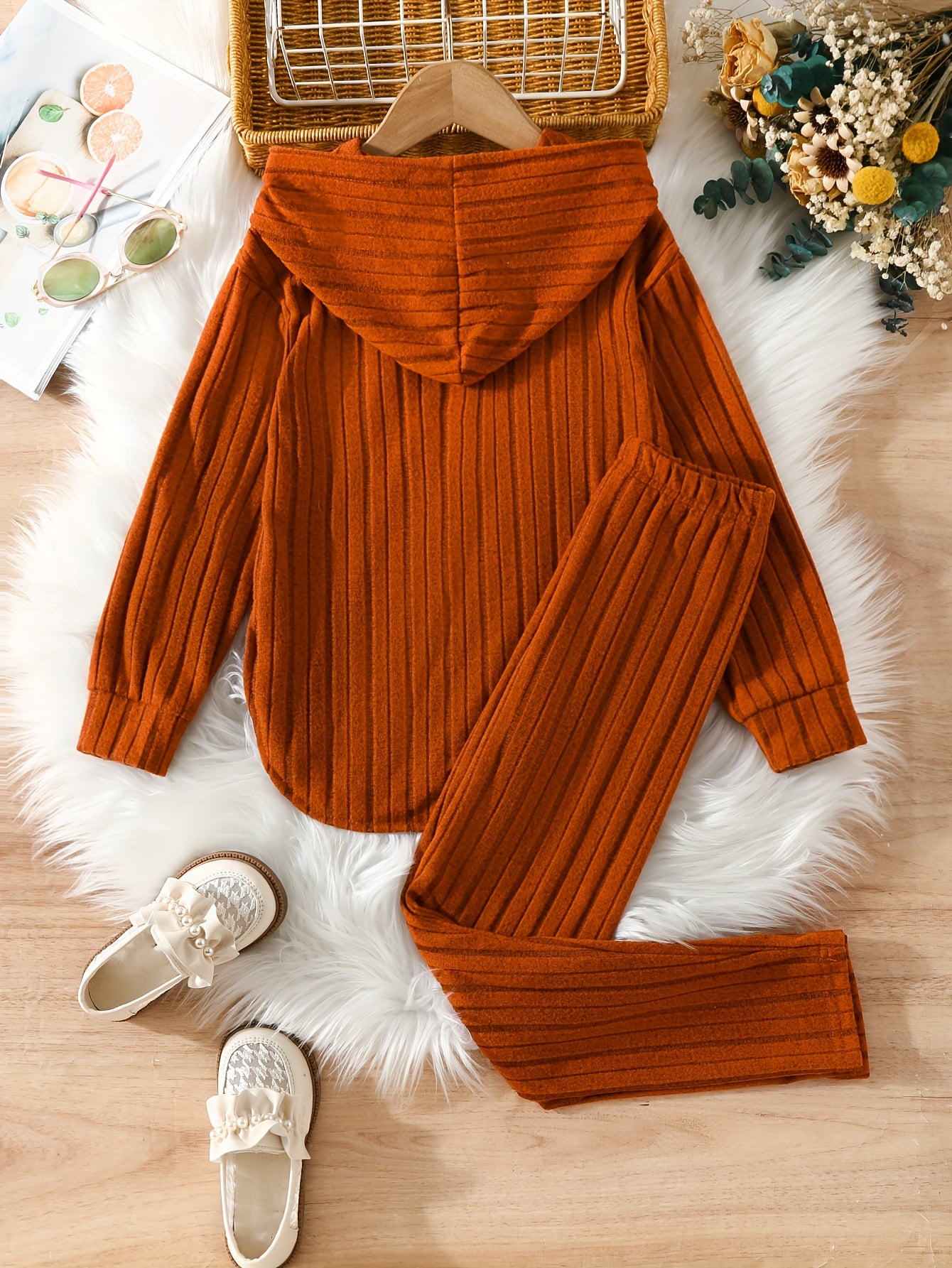 2 Piece Cute Girls Spring and Autumn Texture Hoodie Brushed Warm Pants