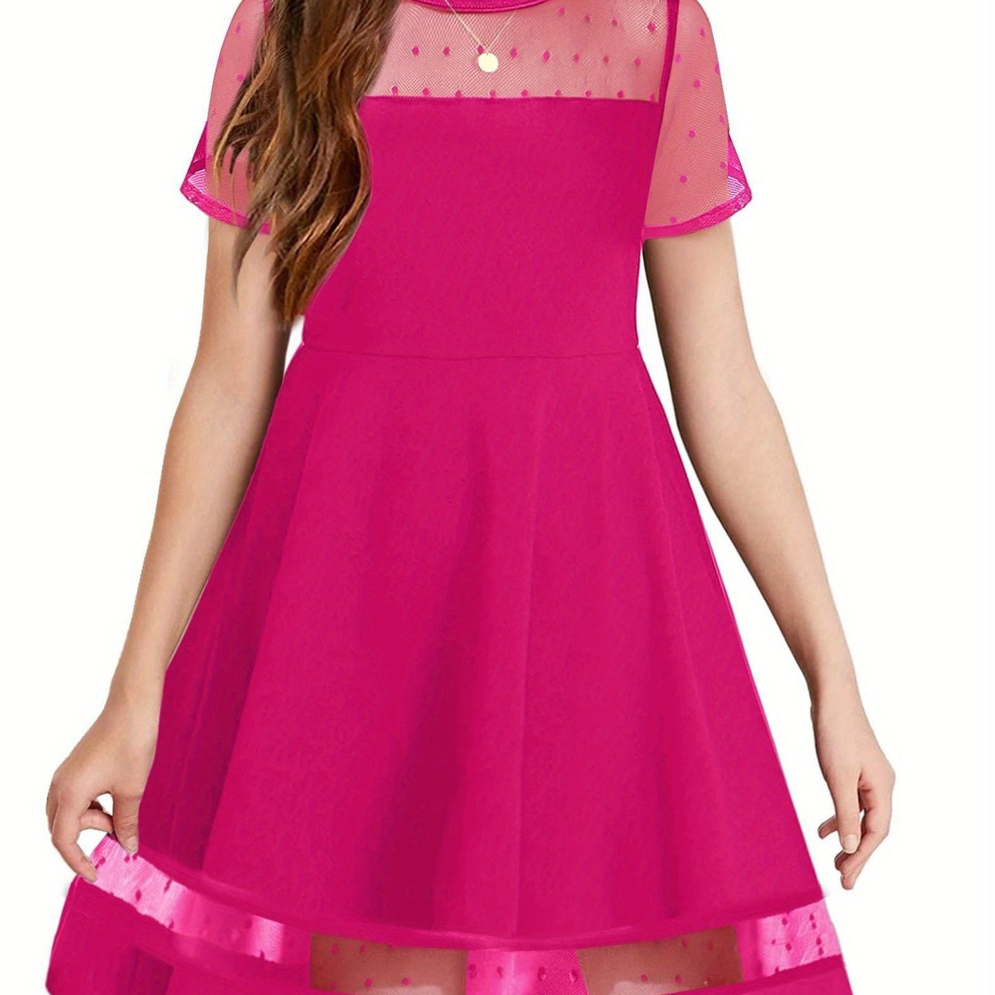 Tween Girls  Contrast Mesh Short Sleeve A Line Party Dresses with Pockets for 5-12 Years