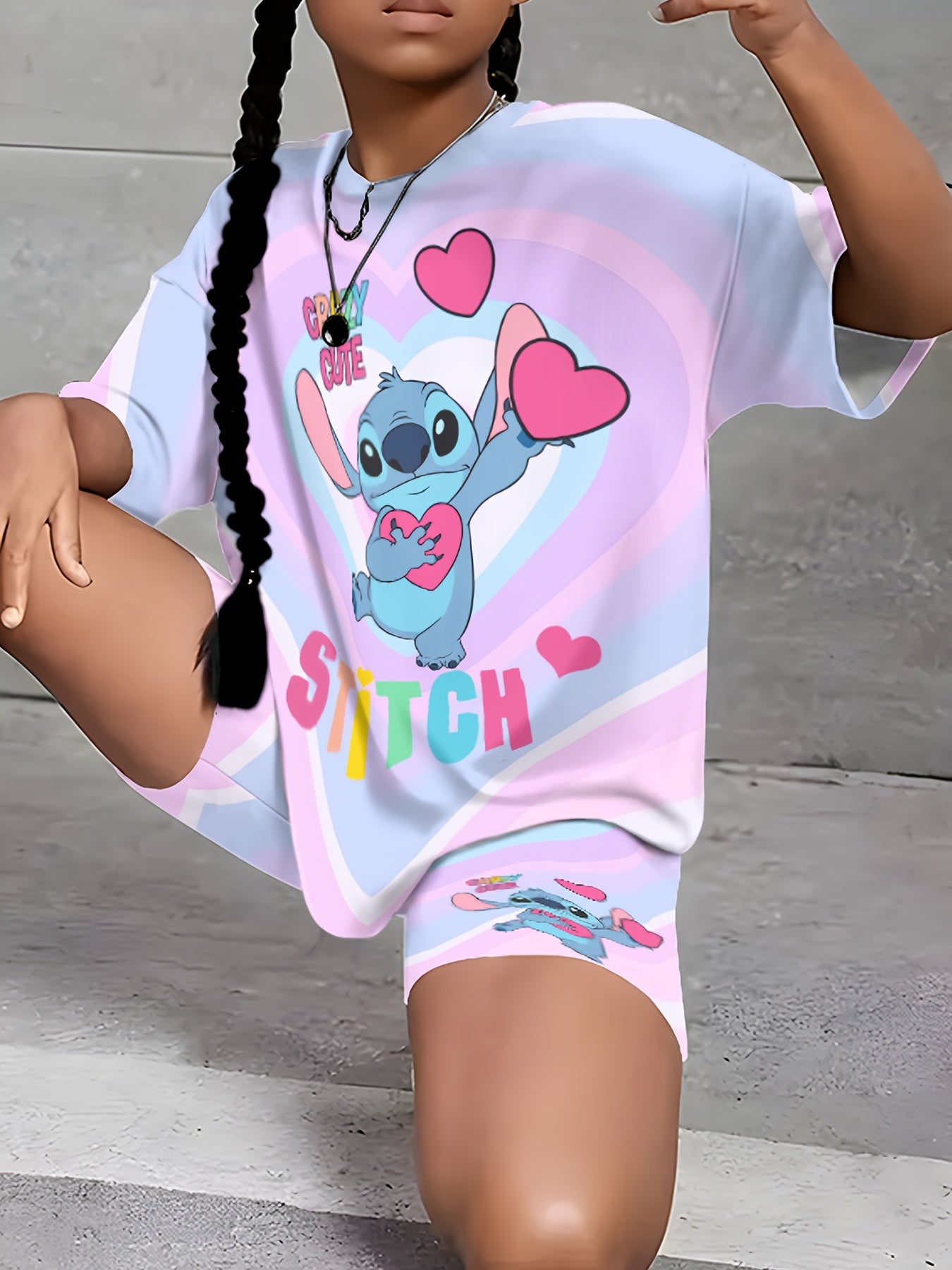 Stitch Girls Summer Suit Pink Cute Print Round Neck T Shirt and Shorts Set 2pcs Machine Washable Outdoor Sports Leisure