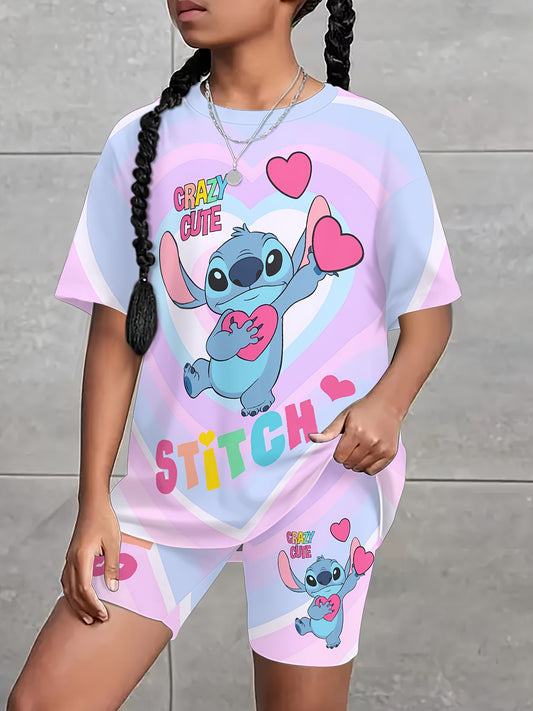 Stitch Girls Summer Suit Pink Cute Print Round Neck T Shirt and Shorts Set 2pcs Machine Washable Outdoor Sports Leisure