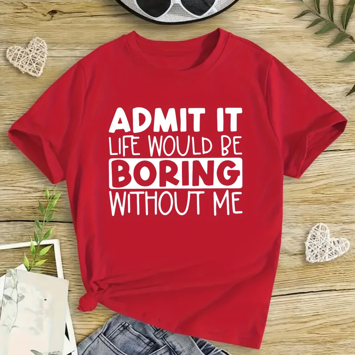 "Boring Without Me" Girls' Short Sleeve T-shirt Casual Wear